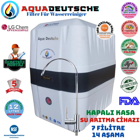AQUA DEUTSCHE BEYAZ SİYAH MONTAJ DAHİL 12 LİTRE 7 FİLTRE 14 AŞAMA SU ARITMA CİHAZI ürün görseli 1