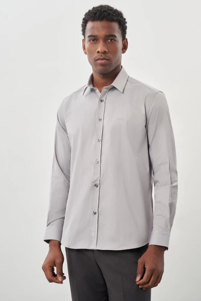 Gri Uzun Kollu Sert Yaka Cepsiz Pamuklu Likralı Klasik Slim Fit Dar Kesim Gömlek 1004245234 ürün görseli 1