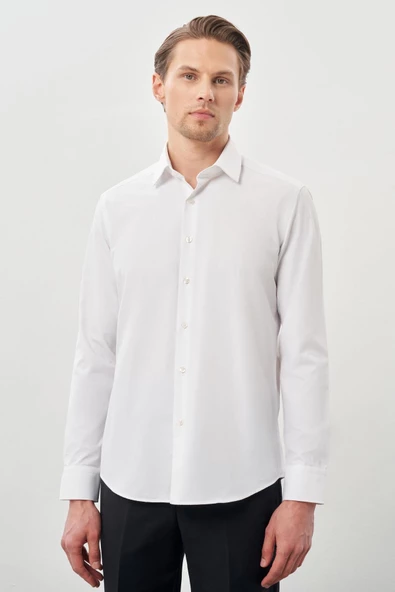 Beyaz Uzun Kol Armürlü Sert Yaka Cepsiz Pamuklu Classic Slim Fit Gömlek 1004245226 ürün görseli 1