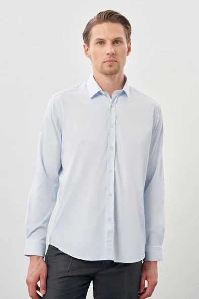 Mavi Uzun Kol Düz Bez Ayağı Sert Yaka Cepsiz Esnek Classic Slim Fit Gömlek 1004245223 ürün görseli 1