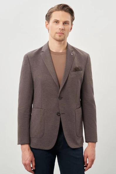 Kahverengi Kazayağı Desen Örme Mono Yaka 2 Düğme 6 Drop Slim Fit Classic Ceket 1002245166 ürün görseli 1