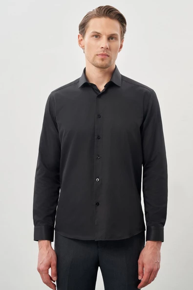 Siyah Uzun Kol Düz Yarım İtalyan Yaka Cepsiz Pamuklu Classic Slim Fit Gömlek 1004245268 ürün görseli 1