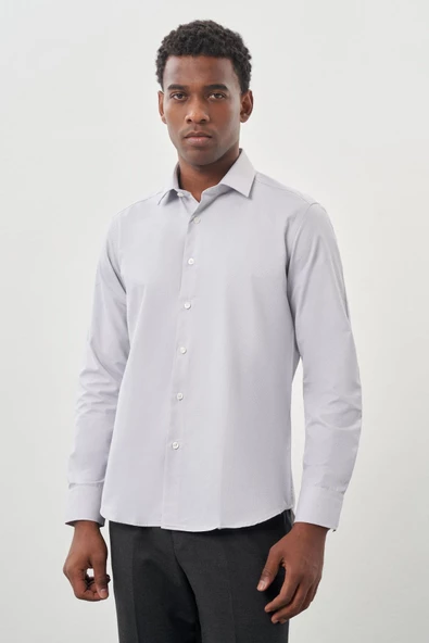 Gri Uzun Kol Armürlü Sert Yaka Cepsiz Pamuklu Classic Slim Fit Gömlek 1004245226 ürün görseli 1