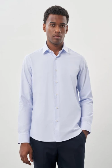 Mavi Uzun Kol Armürlü Sert Yaka Cepsiz Pamuklu Classic Slim Fit Gömlek 1004245226 ürün görseli 1