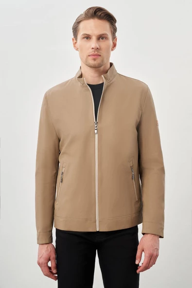Bej Suni Deri Hakim Yaka Düz Yırtmaçsız Tam Astar Slim Fit Casual Deri Mont 1038245152 ürün görseli 1