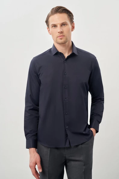 Lacivert Uzun Kol Düz Yarım İtalyan Yaka Cepsiz Pamuklu Classic Slim Fit Gömlek 1004245268 ürün görseli 1