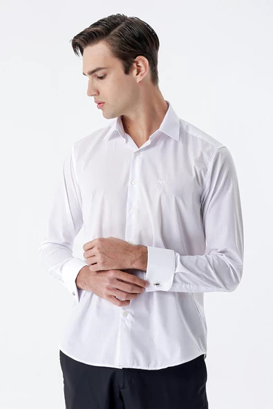 Beyaz Uzun Kol Düz Bez Ayağı Sert Yaka Cepsiz Pamuklu Basic Slim Fit Gömlek 1004245059 ürün görseli 1
