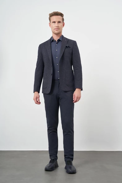 Lacivert Örme Mono Yaka 6 Drop Slim Fit Ceket 1002245151 - Resim 2