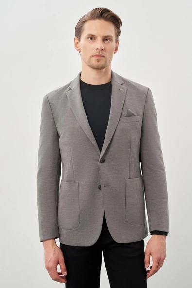Koyu Antrasit Kazayağı Desen Örme Mono Yaka 2 Düğme 6 Drop Slim Fit Classic Ceket 1002245166_070 ürün görseli 1