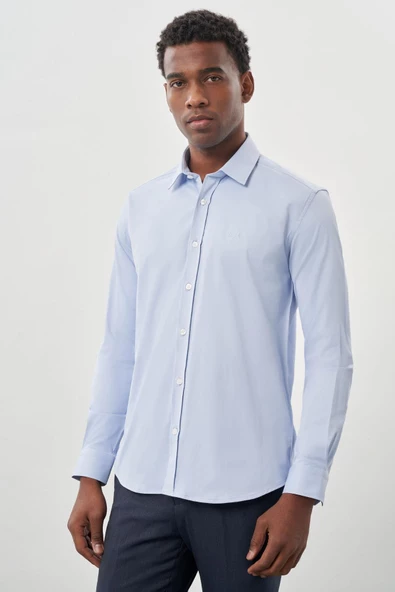 Mavi Uzun Kollu Sert Yaka Cepsiz Pamuklu Likralı Klasik Slim Fit Dar Kesim Gömlek 1004245234 ürün görseli 1