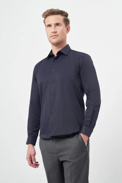 Lacivert Uzun Kol Düz Bez Ayağı Sert Yaka Cepsiz Pamuklu Classic Slim Fit Gömlek 1004245267 ürün görseli 1