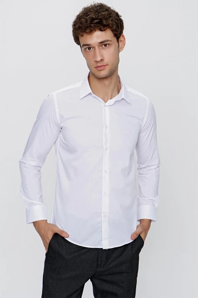 Beyaz Uzun Kol Düz Bez Ayağı 041 Sert Yaka Basic Slim Fit Gömlek 1004245057 ürün görseli 1