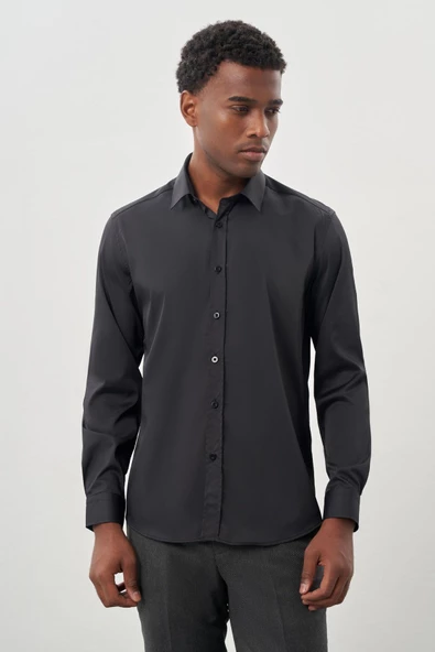 Füme Uzun Kol Düz Bez Ayağı Sert Yaka Cepsiz Esnek Classic Slim Fit Gömlek 1004245223 ürün görseli 1