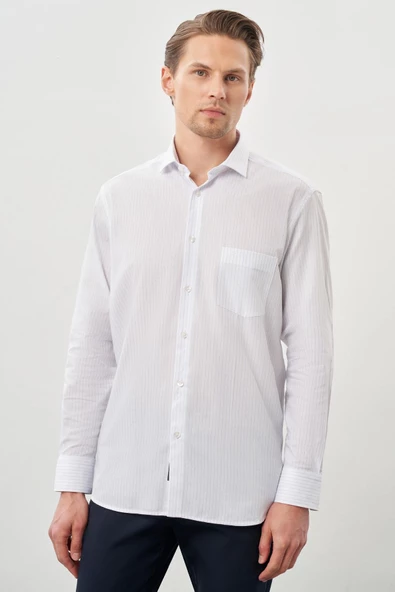 Beyaz Uzun Kol Desen İtalyan Yaka Cepli Pamuklu Classic Comfort Fit Gömlek 1004245185 ürün görseli 1