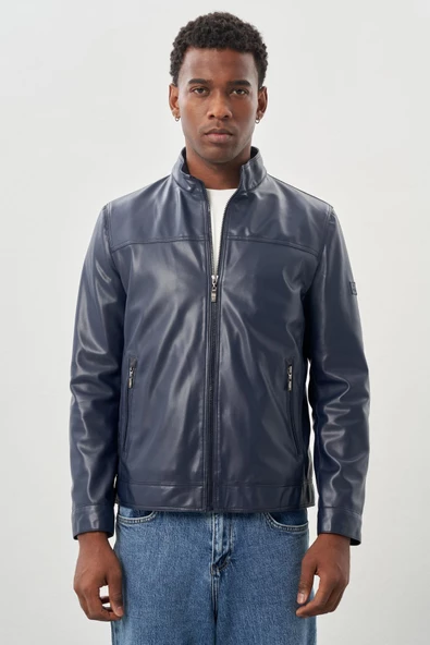 Lacivert Suni Deri Hakim Yaka Düz Yırtmaçsız Tam Astar Slim Fit Casual Deri Mont 1038245151 ürün görseli 1