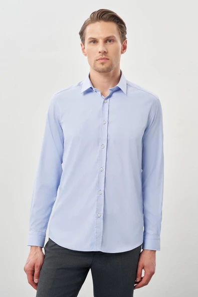 Mavi Uzun Kol Düz Bez Ayağı Sert Yaka Cepsiz Esnek Classic Slim Fit Gömlek 1004245223 ürün görseli 1