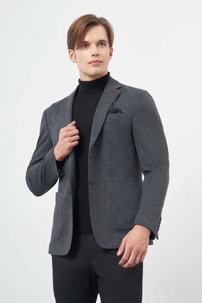 Lacivert Örme Mono Yaka 6 Drop Slim Fit Ceket 1002245152 - Resim 3