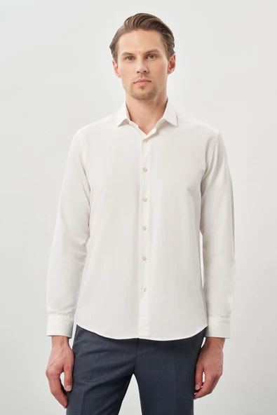 Krem Rengi Uzun Kol Düz Yarım İtalyan Yaka Cepsiz Pamuklu Classic Slim Fit Gömlek 1004245268 ürün görseli 1