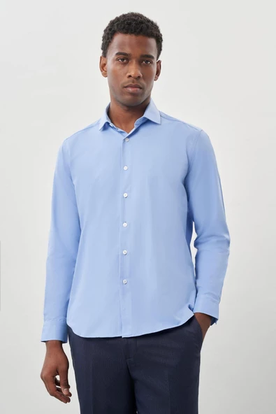 Mavi Uzun Kol Düz Yarım İtalyan Yaka Cepsiz Pamuklu Classic Slim Fit Gömlek 1004245268 ürün görseli 1