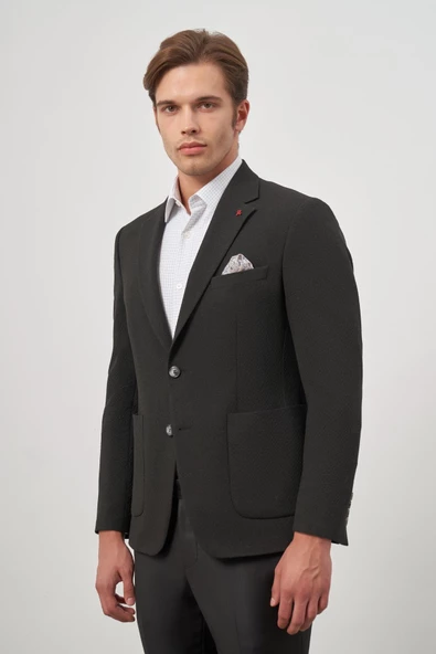 Siyah Gofreli Mono Yaka 6 Drop Slim Fit Classic Ceket 1002245158 ürün görseli 1