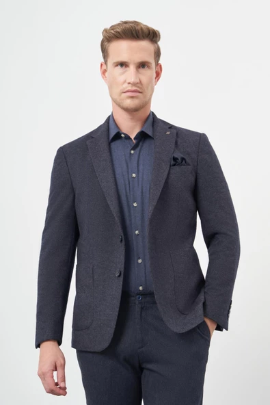 Lacivert Örme Mono Yaka 6 Drop Slim Fit Ceket 1002245151 - Resim 3