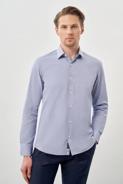 Lacivert Uzun Kol Armürlü Sert Yaka Cepsiz Pamuklu Classic Slim Fit Gömlek 1004245226 ürün görseli 1