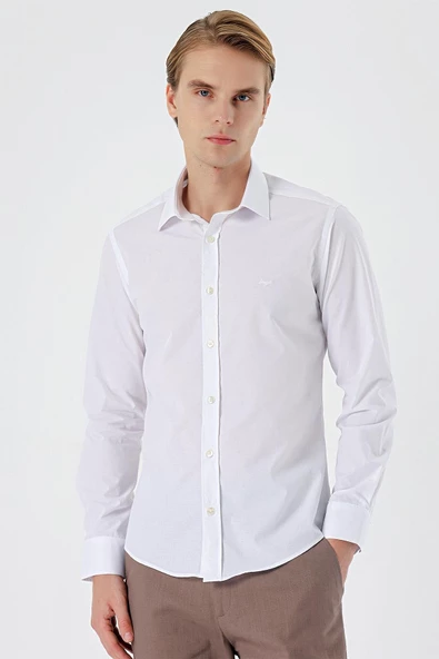 Beyaz Uzun Kol Filafil Desen Filafil Sert Yaka Cepsiz Pamuklu Basic Slim Fit Gömlek 1004245008 ürün görseli 1