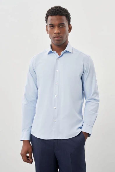 Mavi Uzun Kol Düz Yarım İtalyan Yaka Cepsiz Pamuklu Classic Slim Fit Gömlek 1004245268 ürün görseli 1