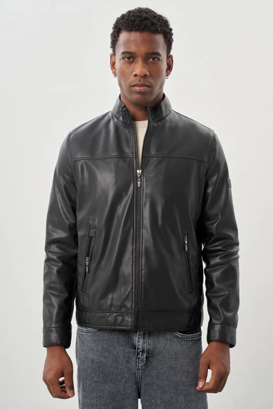Siyah Suni Deri Hakim Yaka Düz Yırtmaçsız Tam Astar Slim Fit Casual Deri Mont 1038245151 ürün görseli 1