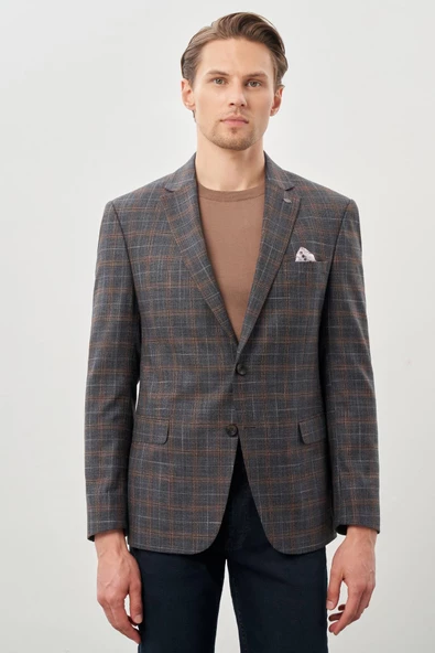 Füme Ekose Desen Bez Ayağı Mono Yaka Tam Astar Esnek 6 Drop Slim Fit Classic Ceket 1002245160 ürün görseli 1