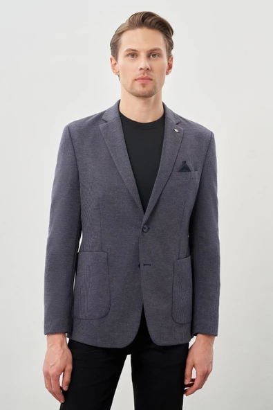 Koyu Lacivert Kazayağı Desen Örme Mono Yaka 2 Düğme 6 Drop Slim Fit Classic Ceket 1002245166_200 ürün görseli 1