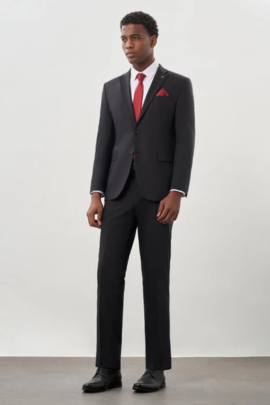 Siyah Mono Yaka 6 Drop Slim Fit Tam Astar Yünlü Takım Elbise 1001245180 ürün görseli 1