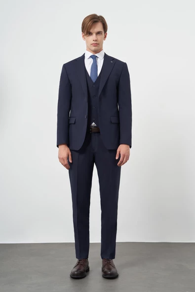 Lacivert Mono Yaka Yelekli 6 Drop Slim Fit Tam Astar Esnek Takım Elbise 1001245386 ürün görseli 1