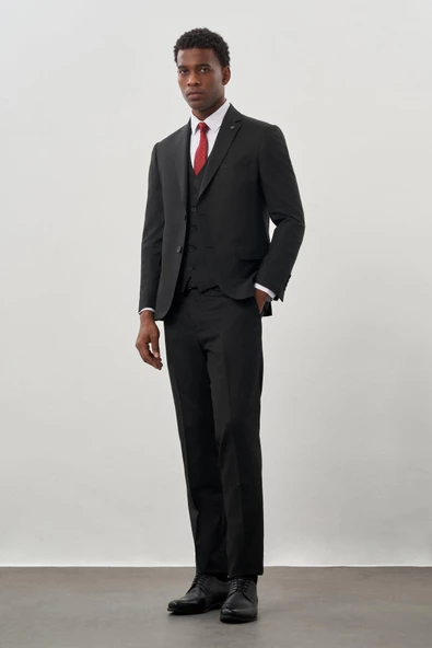 Siyah Mono Yaka Çizgili Yelekli 6 Drop Slim Fit Tam Astar Esnek Takım Elbise 1001245177 ürün görseli 1