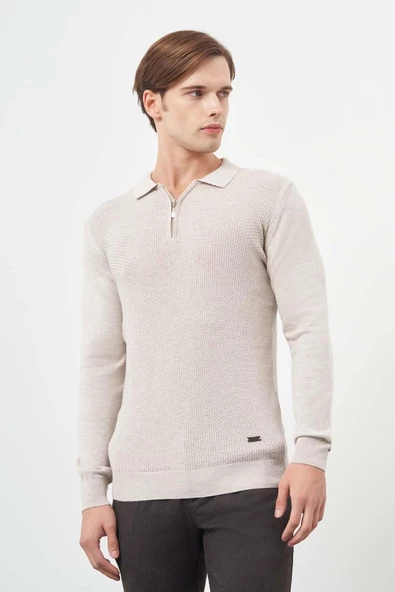 Bej Uzun Kol Kendinden Desenli Örme Polo Yaka Classic Comfort Fit Triko 1012245156 ürün görseli 1