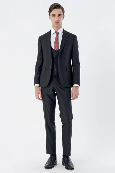 Siyah Mono Yaka Yelekli 6 Drop Slim Fit Tam Astar Esnek Takım Elbise 1001245186 ürün görseli 1