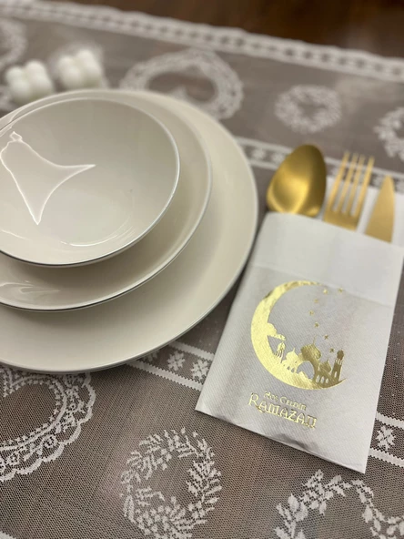 Gold Yaldızlı Beyaz Hoşgeldin Ramazan Yeni Ay Desenli Cepli Peçete 12 li ürün görseli 1