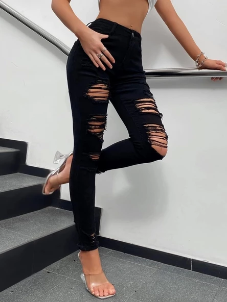 Kadın Yüksek Bel Slim Fit Lazer Kesim Yırtık Pantolon ürün görseli 1