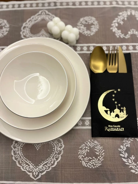 Gold Yaldızlı Siyah Hoşgeldin Ramazan Yeni Ay Desenli Cepli Peçete 12 li ürün görseli 1