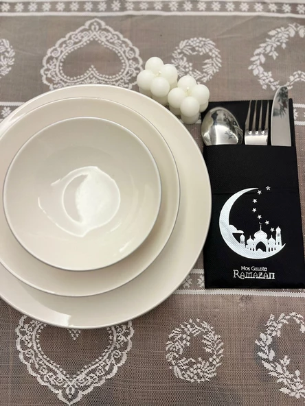 Gümüş Yaldızlı Siyah Hoşgeldin Ramazan Yeni Ay Desenli Cepli Peçete 12 li ürün görseli 1