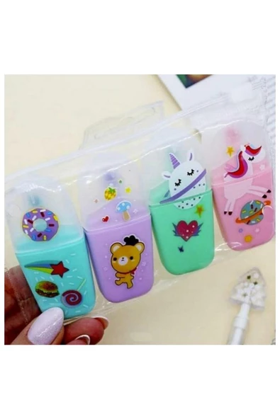 Şeker Unicorn Fosforlu Kalem 4 Renk 1 Paket 4 lü Mini Unicorn İşaretleme Kalemi Şeffaf Kalemlik İçinde ürün görseli 1