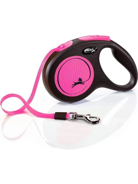 Flexi Neon Reflektörlü 5M Şerit Medium Pembe Otomatik Kedi Köpek Gezdirme Tasması ürün görseli 1