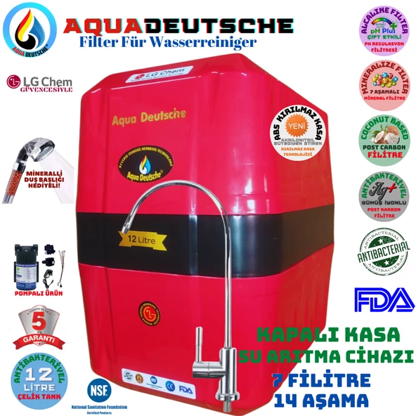 AQUA DEUTSCHE KIRMIZI SİYAH POMPALI 12 LİTRE 7 FİLTRE 14 AŞAMA SU ARITMA CİHAZI ürün görseli 1