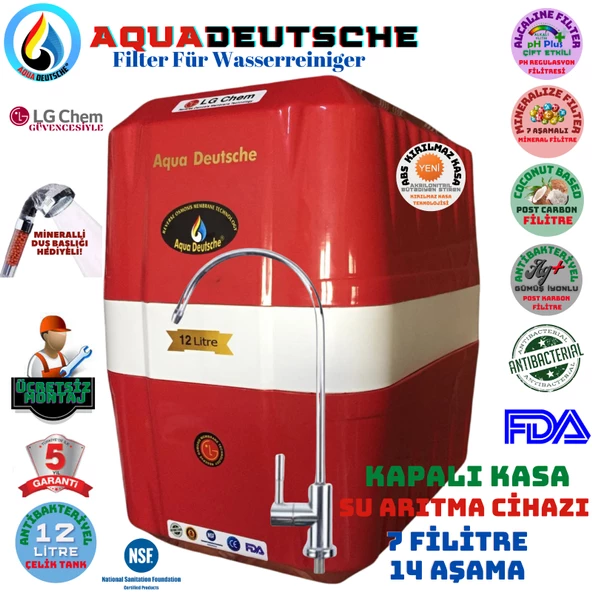 AQUA DEUTSCHE KIRMIZI BEYAZ MONTAJ DAHİL 12 LİTRE 7 FİLTRE 14 AŞAMA SU ARITMA CİHAZI ürün görseli 1