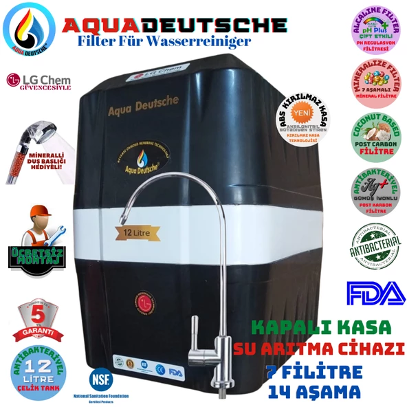 AQUA DEUTSCHE SİYAH BEYAZ MONTAJ DAHİL 12 LİTRE 7 FİLTRE 14 AŞAMA SU ARITMA CİHAZI ürün görseli 1