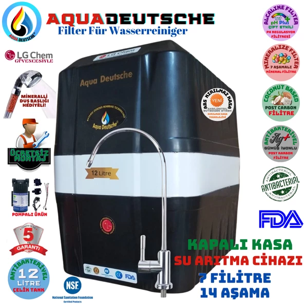 AQUA DEUTSCHE SİYAH BEYAZ POMPALI MONTAJ DAHİL 12 LİTRE 7 FİLTRE 14 AŞAMA SU ARITMA CİHAZI ürün görseli 1