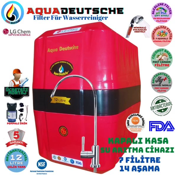 AQUA DEUTSCHE KIRMIZI SİYAH POMPALI MONTAJ DAHİL 12 LİTRE 7 FİLTRE 14 AŞAMA SU ARITMA CİHAZI ürün görseli 1