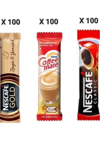 Nescafe Gold 2  gr x100'lü+nestle Coffee Mate 5 gr x100'lü+ Classic 2 gr x100'lü ürün görseli 1
