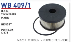 WB409/1 MAZOT FİLTRESİ   CITROEN  - PEUGEOT 301 - 3008  9820226380 ürün görseli 1