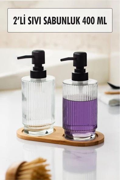 2 Li Bambu Altlıklı Sıvı Sabunluk Seti - Resim 2